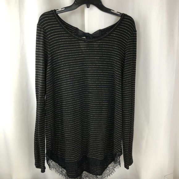 Fairy Lauren Conrad L Black Gold Metallic Striped Lace Hem Tunic Top Tie Back - Picture 4 of 9